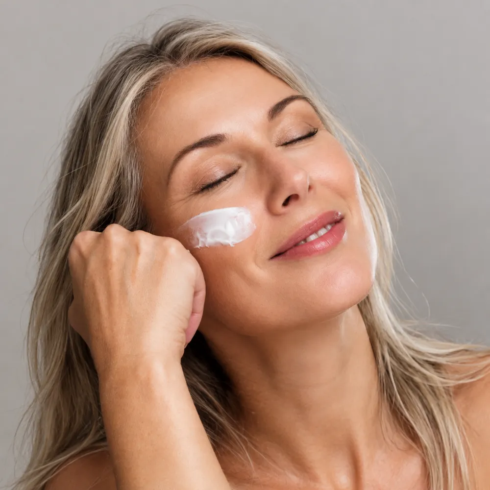 Mujer aplicándose crema facial con los ojos cerrados: vale regalo de tratamientos de estética en ÉLEVÉE Barcelona